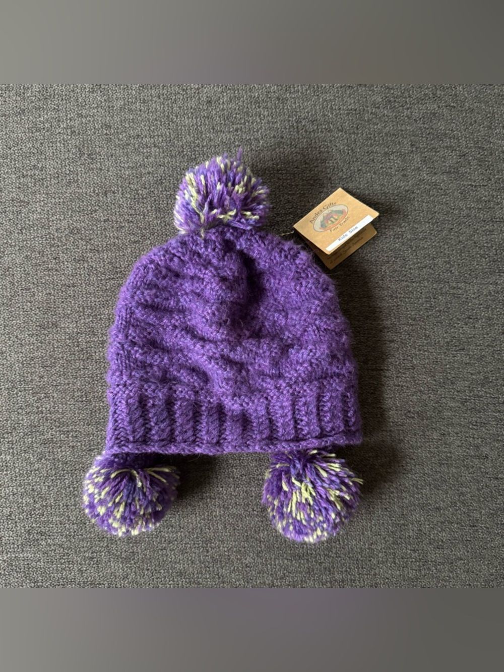Andes Gifts Alpaca Purple Knit Pom Pom Beanie Hat Cozy Toddler Girl 2T-5T NEW - Picture 2 of 8